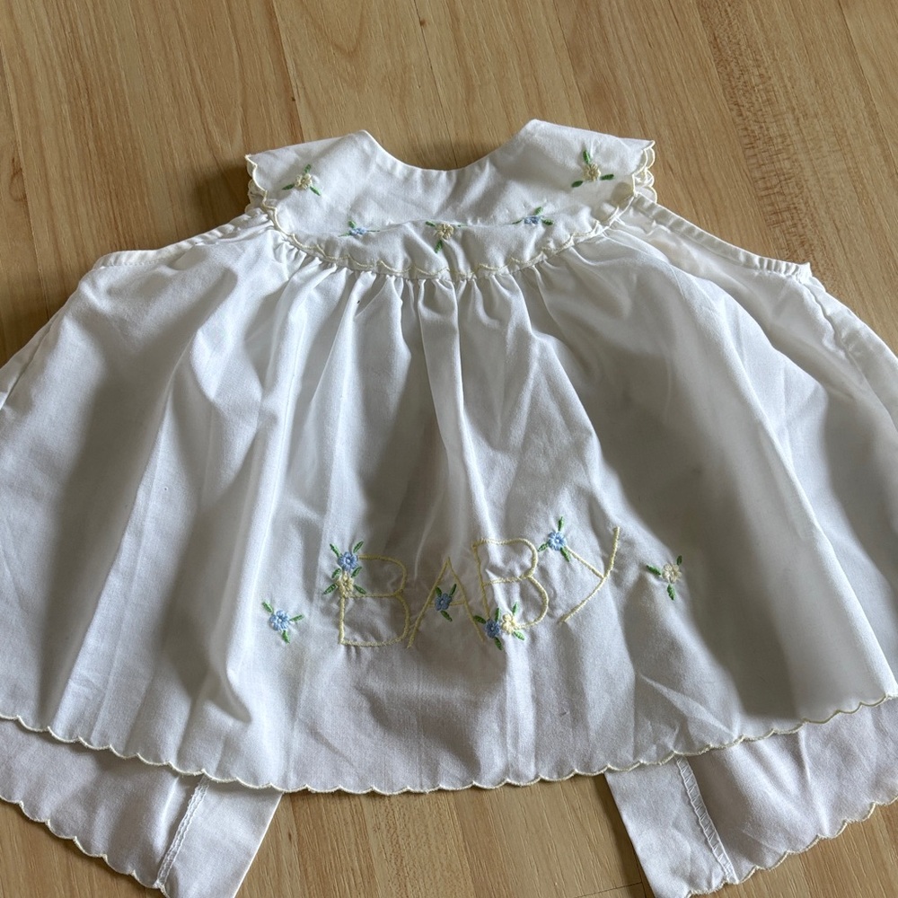 White Embroidered Baby Doll Dress with Blue Floral Detail